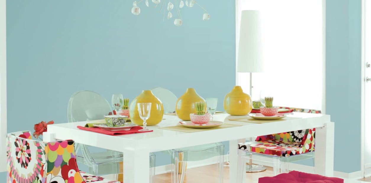 Duck Egg blues create soothing environment. Ideal for any dining space.